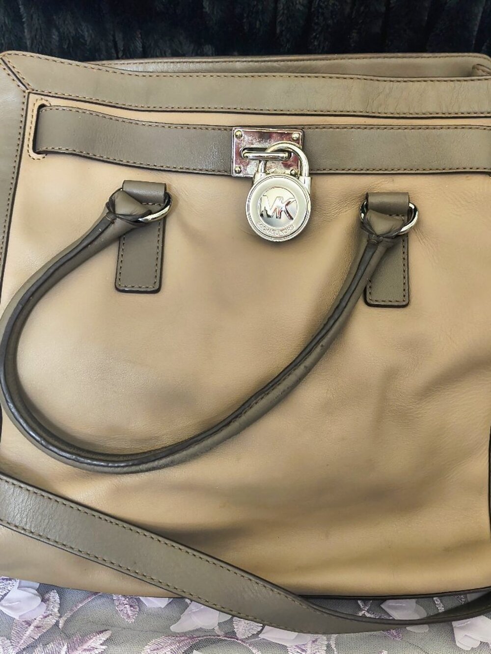 Michael Kors Hamilton Two-Tone Tan & Taupe Leather Satchel Bag